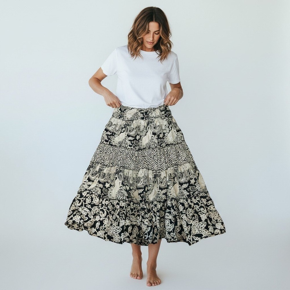 Style & Co Skirt PM Black White BOHO Tiered Cotton Block Print Paisley Maxi Boho